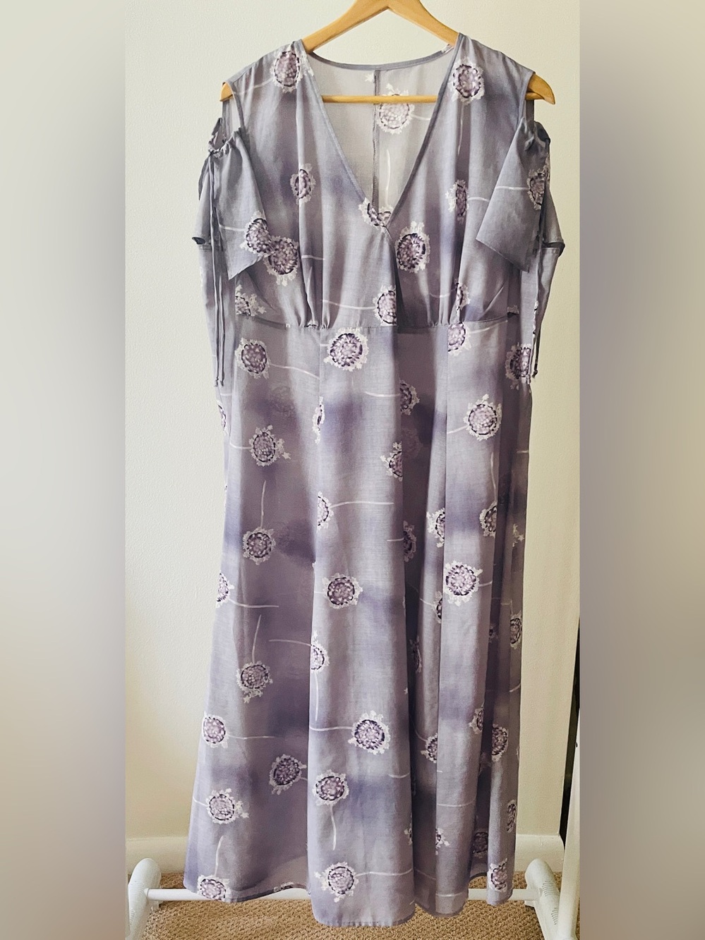 Lavender Purple Floral Formal V-Neck Open Shoulder Maxi Dress XXL Custom Made